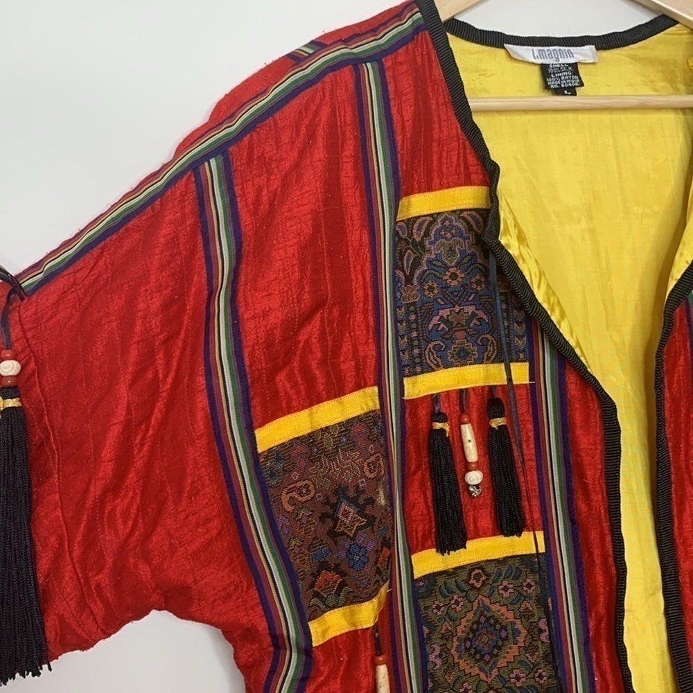 I Magnin Vintage Silk Embroidered Tapestry Tassel Beaded Patchwork Art Jacket L - Picture 7 of 17